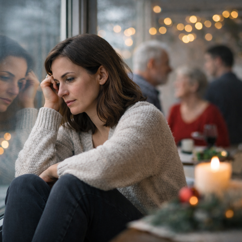 Persona adulta reflexionando sobre culpa y lealtades familiares.